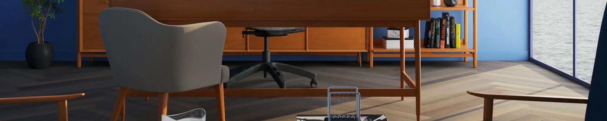 office with herringbone patterned hardwood floors and teak furniture in Colorado Springs, CO at IQ Floors | 3350 Fillmore Ridge Heights, Colorado Springs, CO 80907